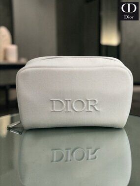 DIOR Ivory Embroidered Logo Pouch – Cosmetic/Travel Case